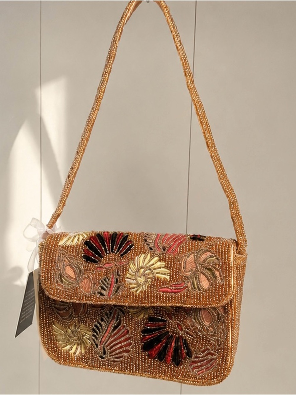 Beaded Floral Embellished Clutch in Golden Brown